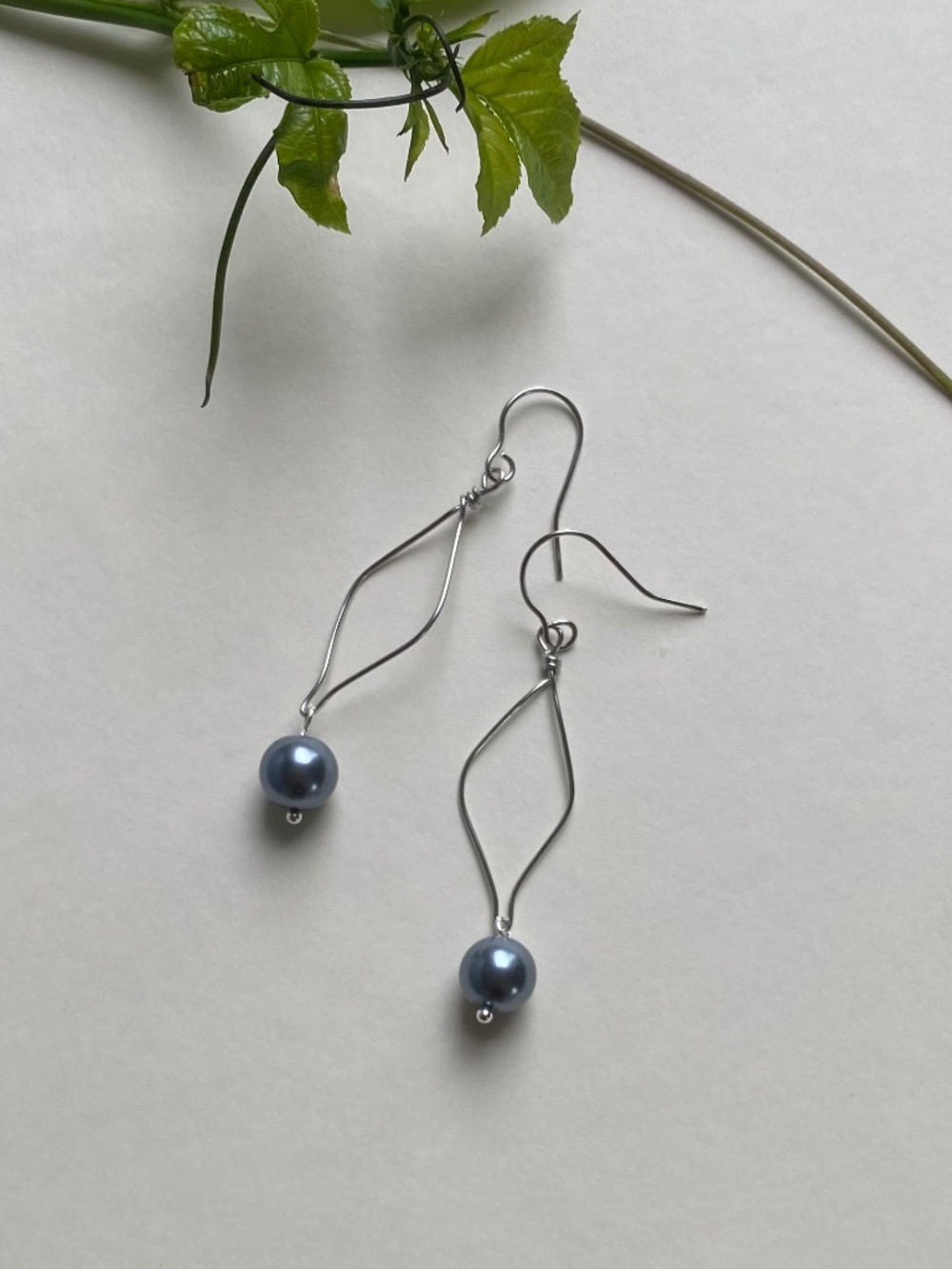 Handmade Wire Leaf Earrings with Glass Pearl